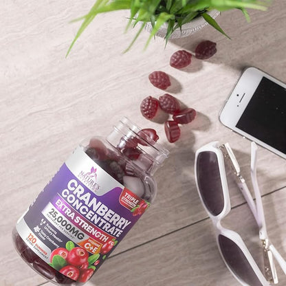Cranberry Supplement Gummies + Vitamin C - Made with 25,000mg 50:1 Cranberry Extract to Help Cleanse and Protect The Urinary Tract, Nature's Chewable Cranberry Pills for Women, Non-GMO - 120 Gummies