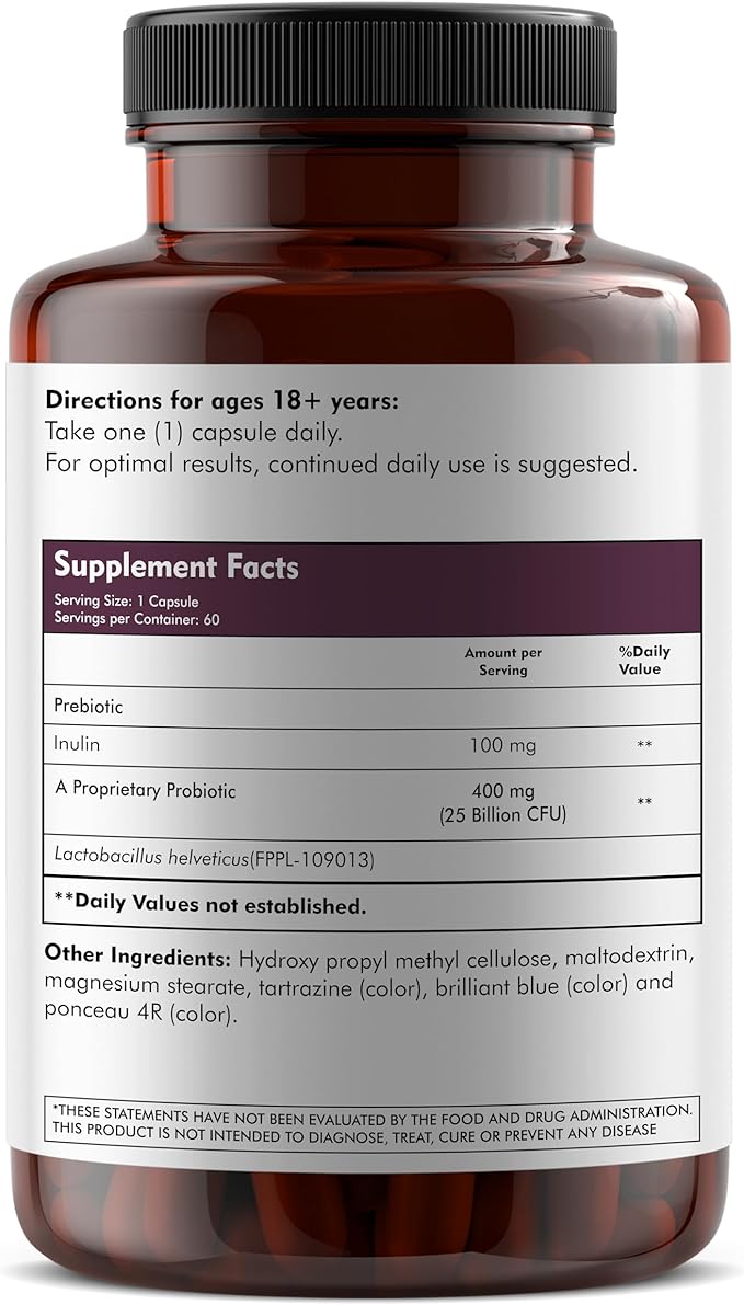 L-Helveticus Probiotic Bacteria with 25 Billion CFU for Women & Men, Helps Digestion, Nutrient Absorption and Fight Bad Bacterias - 60 Veggie Capsules