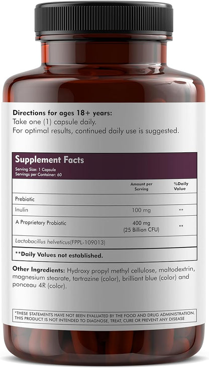 L-Helveticus Probiotic Bacteria with 25 Billion CFU for Women & Men, Helps Digestion, Nutrient Absorption and Fight Bad Bacterias - 60 Veggie Capsules