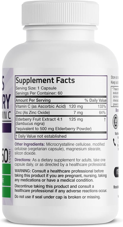 Bronson Sambucus Elderberry with Zinc & Vitamin C Triple Immune Support Complex Immune & Antioxidant Protection, Non-GMO, 60 Vegetarian Capsules