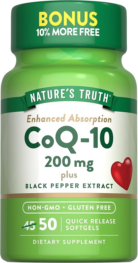 Nature's Truth CoQ10 200 mg Softgels | 50 Count | Enhanced Absorption Supplement | Plus Black Pepper Extract | Non-GMO, Gluten Free