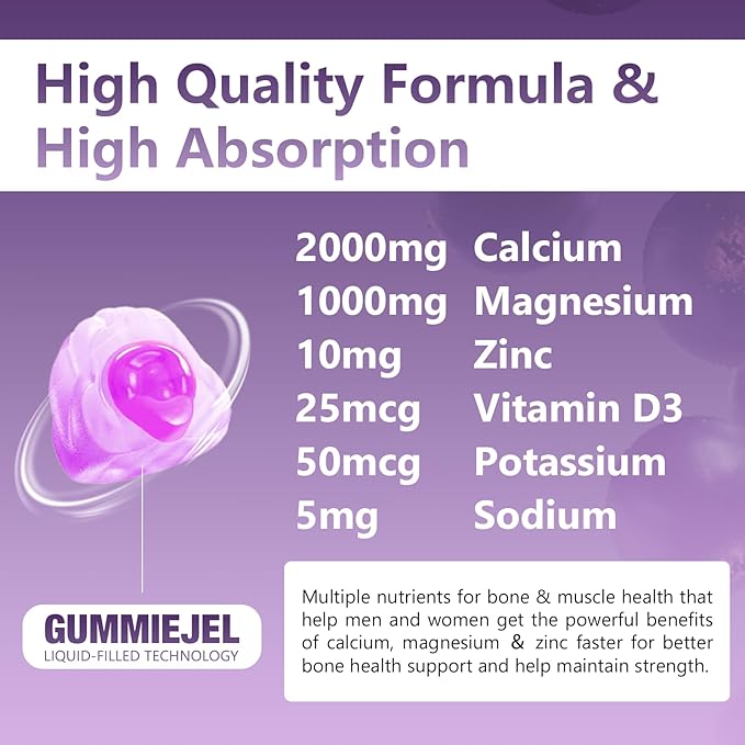 1 Pack 2000MG Calcium Magnesium Zinc Gummies with Vitamin D3 & Elderberry, Sea Moss for Bone ＆ Tooth Strength, Muscle ＆ Immunity, Sugar-Free, Vegan, Blueberry Flavor, 60ct.
