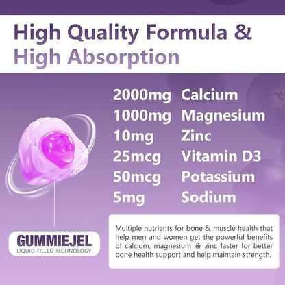 1 Pack 2000MG Calcium Magnesium Zinc Gummies with Vitamin D3 & Elderberry, Sea Moss for Bone ＆ Tooth Strength, Muscle ＆ Immunity, Sugar-Free, Vegan, Blueberry Flavor, 60ct.