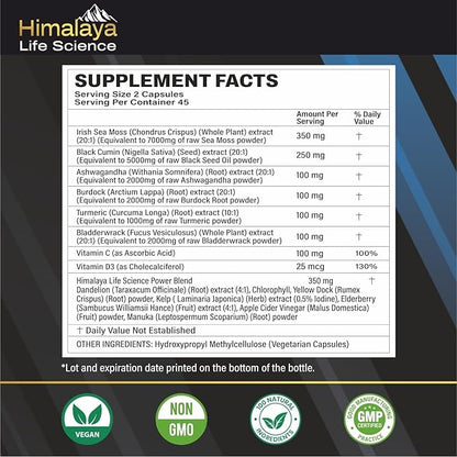 Sea Moss Black Seed Oil Bladderwrack Burdock Capsules. Ashwagandha, Turmeric, Vitamin C, Vitamin D3 with Elderberry Manuka Dandelion Yellow Dock Iodine- 90 Count, All-in-1