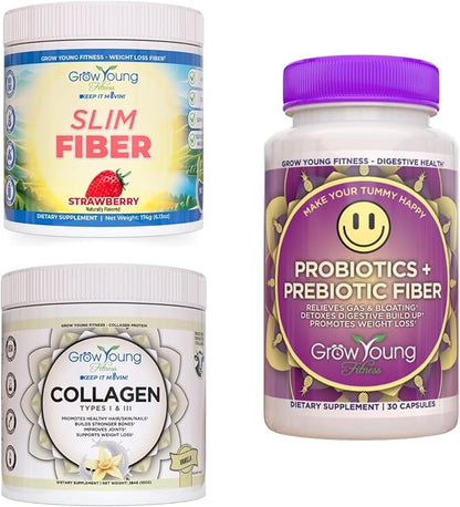 Grow Young Fitness Slim Fiber Supplement and Daily Probiotic Supplement and Vanilla Collagen Protein - Joint, Bone, and Digestion Support for Elderly
