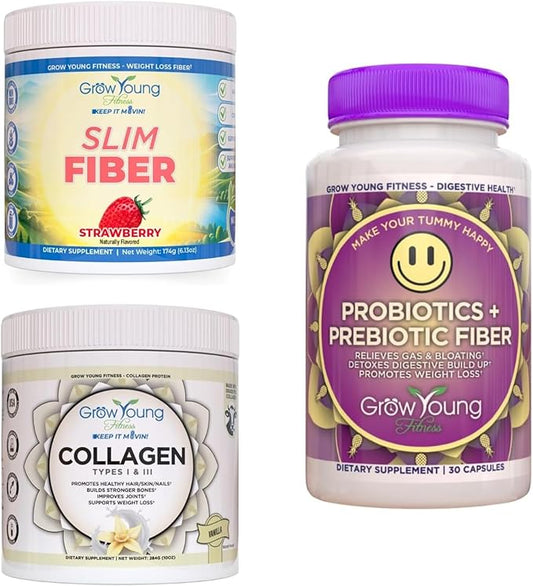 Grow Young Fitness Slim Fiber Supplement and Daily Probiotic Supplement and Vanilla Collagen Protein - Joint, Bone, and Digestion Support for Elderly
