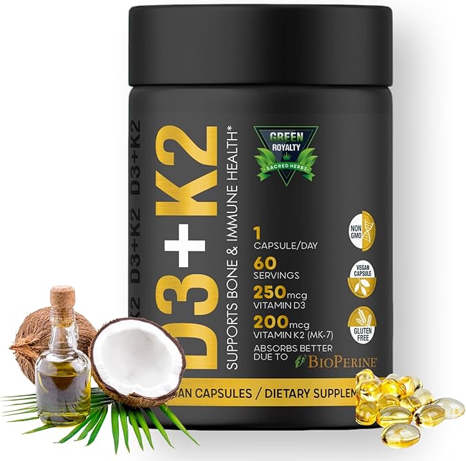 Vitamin D3 10000 IU + K2 200mcg Soft-Gels | 2-in-1 D3+K2| Infused with Virgin Coconut Oil, Supplement for Immune, Heart, Joint, Teeth & Bone Health - 60 Easy-to-Swallow Capsules