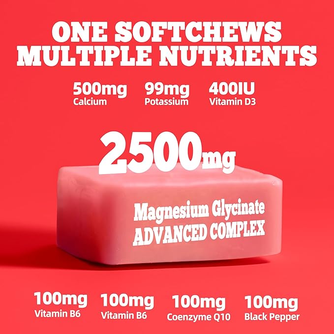 Magnesium Glycinate Soft Chews, Strawberry Flavor.Chewable Sugar Free Potassium Magnesium Chews with Magnesium Glycinate, Vitamin D, B6, and CoQ10 for Calm Support & Sleep for Adults, 60 Days Supply
