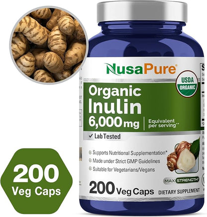 NusaPure Inulin Powder 20:1 Extract, 300 mg Equivalent to 6,000mg | 200 Veggie Capsules |USDA Organic and Non-GMO Supplement