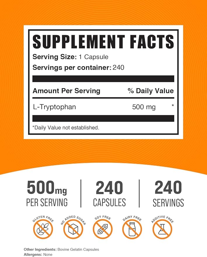 BulkSupplements.com L-Tryptophan Capsules - Tryptophan Supplement, L-Trptophan 500mg - Amino Acid Supplement, Gluten Free - 1 Capsule per Serving, 240 Capsules (Pack of 1)