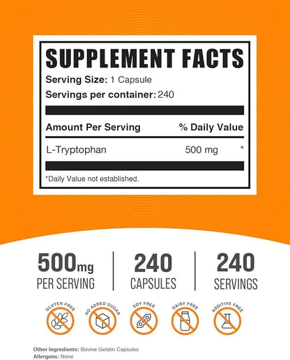 BulkSupplements.com L-Tryptophan Capsules - Tryptophan Supplement, L-Trptophan 500mg - Amino Acid Supplement, Gluten Free - 1 Capsule per Serving, 240 Capsules (Pack of 1)