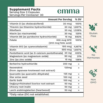 Emma Gut Health Doctors Endorsed Supplement - 60 Capsules - Relief from Gas and Bloating, Repairs Leaky Gut with Magnesium, Berberine, Vitamin D, Quercetin & More - Gut Health & Colon Cleanse Formula