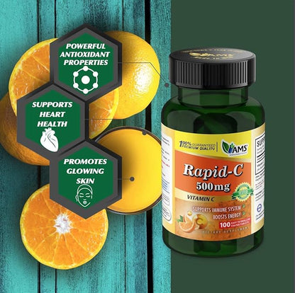 America Medic & Science Rapid-C 500mg Vitamin C Supplement (3 Pack of 100 Tablets) Energy Booster, Daily Immune System Support, Antioxidant | Vegan, Non-GMO Coated Ascorbic Acid for Adult Men & Women