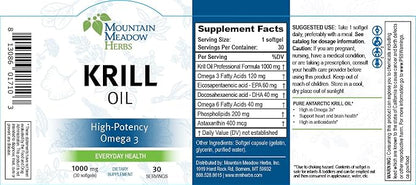 Mountain Meadow Herbs Omega-3 Krill Oil – Pure Antarctic Krill Oil Softgels, High in EPA & DHA for Heart, Brain, and Joint Health – Sustainably Sourced Omega-3 Fatty Acids Supplement – 30ct