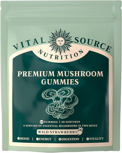 Vital Source Nutrition - Premium Mushroom Gummies - Vitality, Digestion & Energy Support - 10 Types of Premium Mushrooms - Vegan, Gluten-Free & Halal - Wild Strawberry - 60 Gummies - 30 Servings