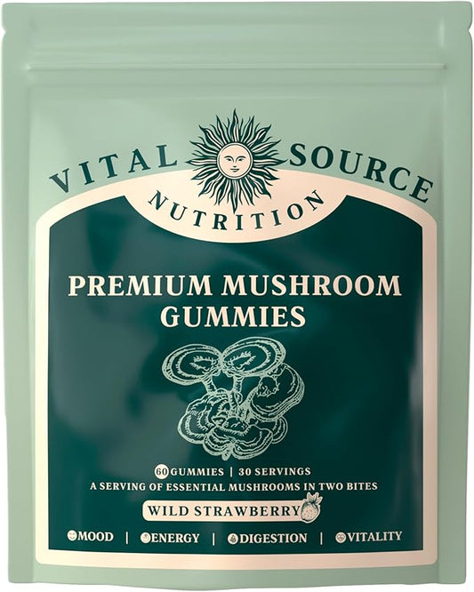 Vital Source Nutrition - Premium Mushroom Gummies - Vitality, Digestion & Energy Support - 10 Types of Premium Mushrooms - Vegan, Gluten-Free & Halal - Wild Strawberry - 60 Gummies - 30 Servings