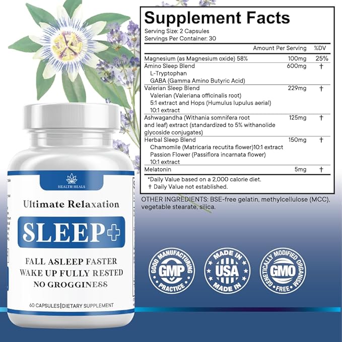 Relaxation Sleep Aid, Natural Non-Habit Forming, Sleep Supplement Developed to Support for Longer & Better Sleep, Chamomile, Magnesium, Melatonin, Ashwagandha, GABA, Drug-Free (180 Count)
