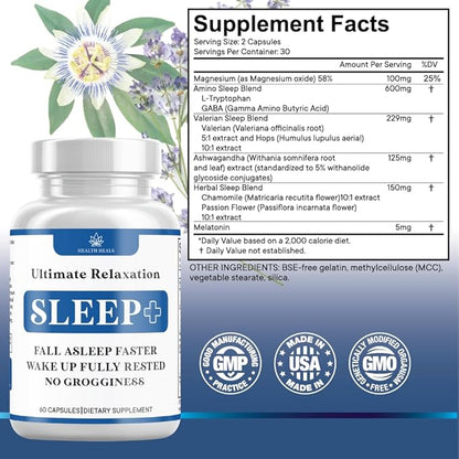 Relaxation Sleep Aid, Natural Non-Habit Forming, Sleep Supplement Developed to Support for Longer & Better Sleep, Chamomile, Magnesium, Melatonin, Ashwagandha, GABA, Drug-Free (180 Count)