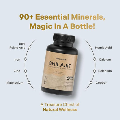 Organic Himalayan Shilajit Resin Extract - 1000mg Max Potency, Lab Tested Pure Shilajit for Men & Women, 85+ Trace Minerals Fulvic Acid, Immune Support, Energy, Cognition, 2 Month Supply, 120 Capsules