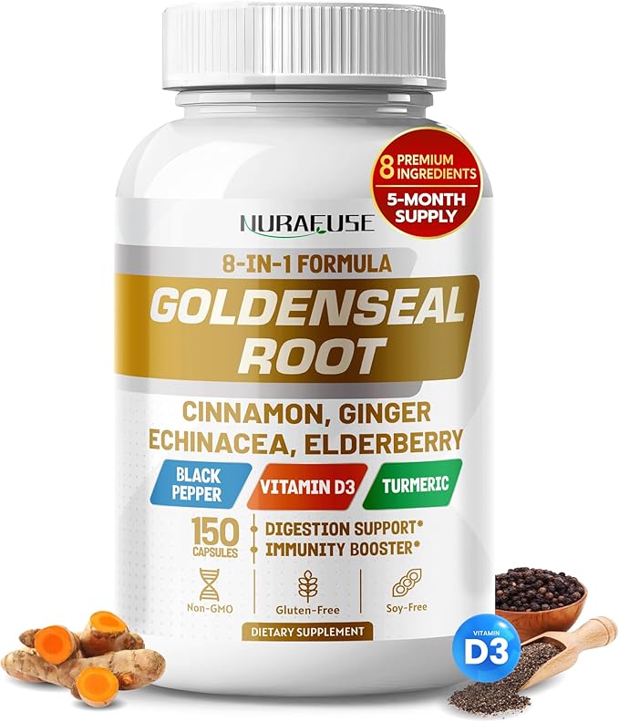 Goldenseal Root 8-in-1 Formula - with Cinnamon Ginger Echinacea Elderberry Black Pepper Vitamin D3 - Non-GMO, Gluten-Free, Soy-Free