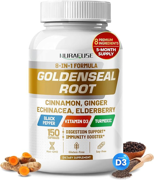 Goldenseal Root 8-in-1 Formula - with Cinnamon Ginger Echinacea Elderberry Black Pepper Vitamin D3 - Non-GMO, Gluten-Free, Soy-Free