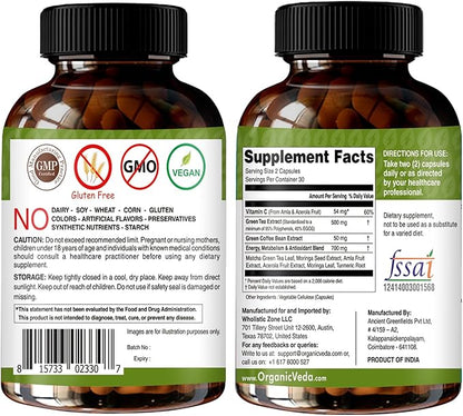 Organic Veda Green Tea Extract ECGC Capsules - Antioxidants Rich Matcha, Green Coffee Bean, Turmeric, Moringa, Vitamin C - Energy, Metabolism, Brain, Immune & Heart Health Supplement - 60 Pills