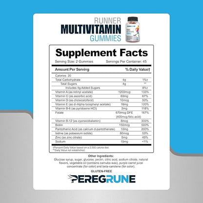 Runner Multivitamin Gummies - Daily Vitamin for Running with Vitamins A, C, D, E, and B Complex – 50% Less Sugar – Antioxidants, Recovery, Endurance, and Energy Gummy – Certified Running Sup