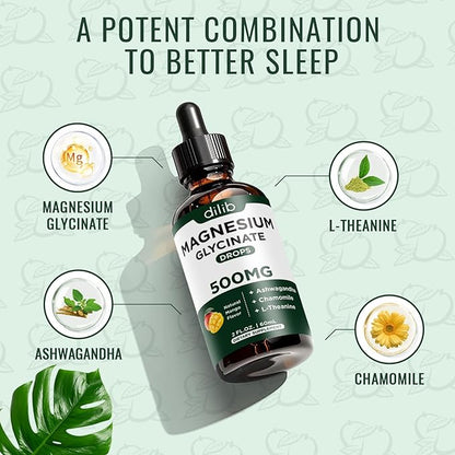 Magnesium Glycinate Supplement, Magnesium Liquid Drops with Magnesium Glycinate 500mg Ashwagandha, L - Theanine, Chamomile -Support Stress Relief, Bone, Muscle, Mood Vegan Natural Mango Flavor 2 Pack