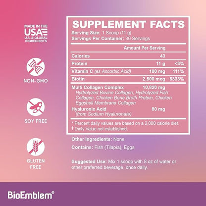 BioEmblem Beauty Collagen - 11G Hydrolyzed Multi-Collagen Peptides & NAD+ Supplement