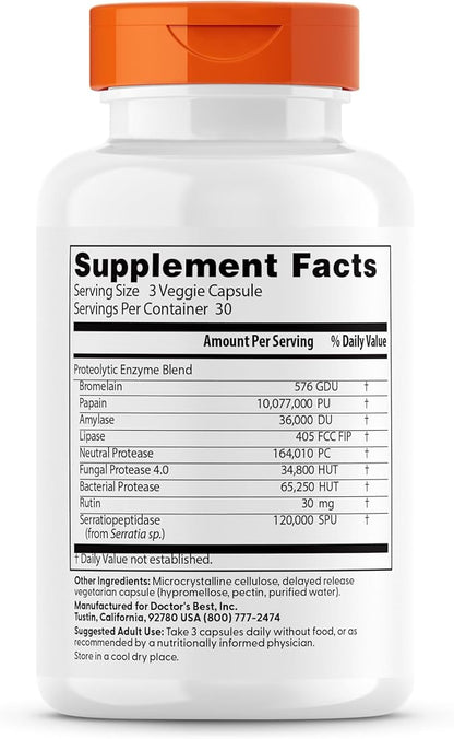 Doctors Best Proteolytic Enzymes, Broad Spectrum Proteolytic Enzyme Formulation, Non-GMO, Vegetarian 90 Delayed Release Veggie Caps