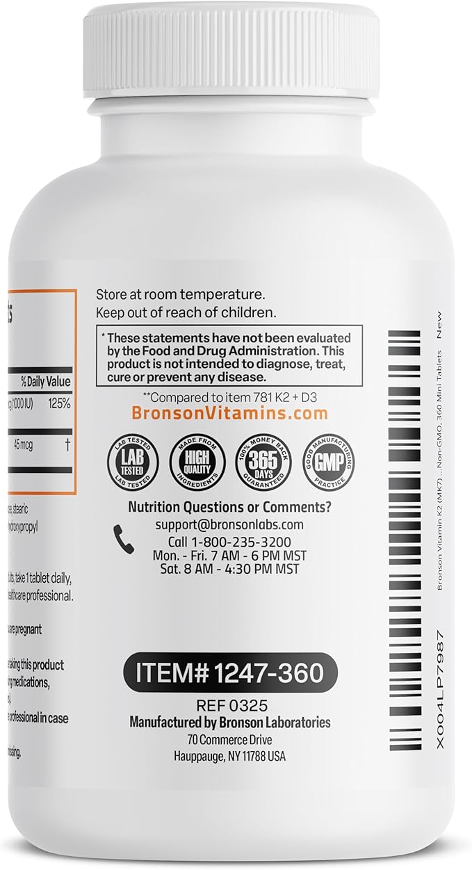 Bronson Vitamin K2 (MK7) with D3 Lower Dose 45mcg Vitamin K2 & 1000 IU Vitamin D3 Easy to Swallow Daily Maintenance 2 in 1 Formula Non-GMO, 360 Mini Tablets