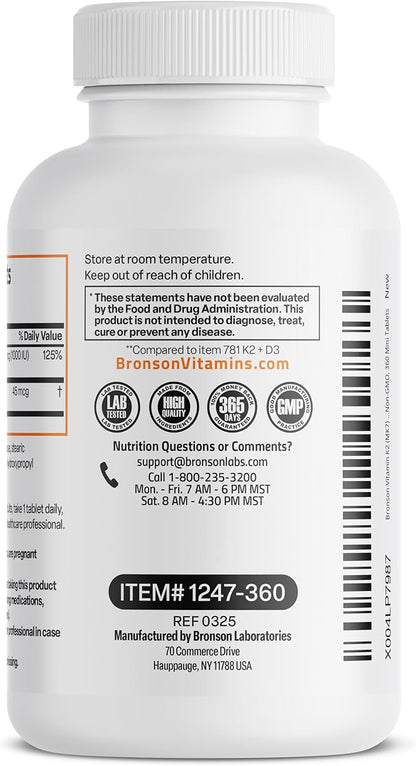 Bronson Vitamin K2 (MK7) with D3 Lower Dose 45mcg Vitamin K2 & 1000 IU Vitamin D3 Easy to Swallow Daily Maintenance 2 in 1 Formula Non-GMO, 360 Mini Tablets