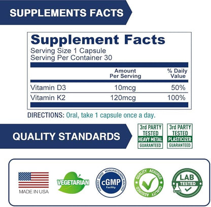 Lovita Vitamin K2 + D3, 400 IU Vegan Vitamin D3 & 120 mcg Vitamin K2 (MK-7), 2 in 1 Formula, Immune Vitamin Complex, Supports Your Heart, Teeth and Immune Function, 30 Vegetarian Capsules (Pack of 3)
