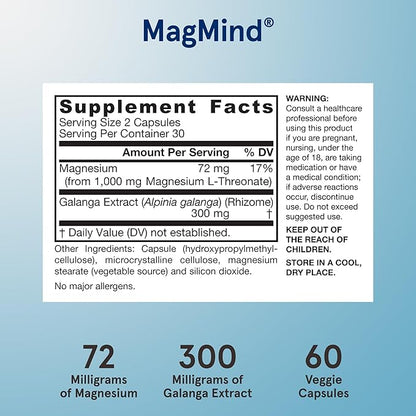 Jarrow Formulas Magnesium L-Threonate, MagMind Productivity, High Absorption Magnesium, Brain Supplements for Memory and Focus, 60 Veggie Capsules, Up to a 30 Day Supply