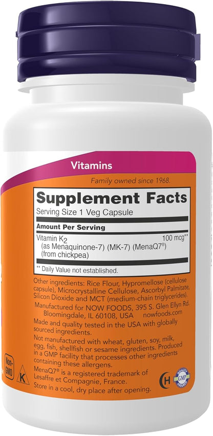 NOW Foods Supplements, MK-7 Vitamin K-2 100 mcg, Cardiovascular Support*, Supports Bone Health*, 60 Veg Capsules