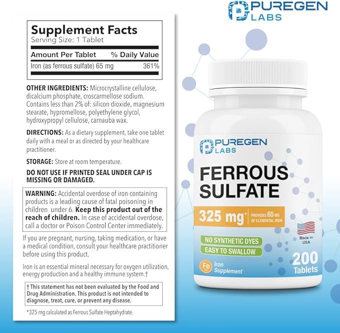 Puregen Labs Ferrous Sulfate 325 mg (65 mg Elemental Iron) High Potency Iron Supplement | No Artificial Color Additives - 200 Tablets Made in USA