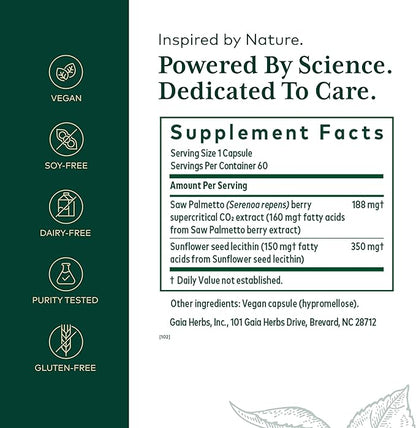 Gaia Herbs PRO Saw Palmetto - Healthy Prostate Gland Support Supplement* - Herbal Supplement with Saw Palmetto & Sunflower Seed - Vegan Gluten-Free Soy-Free - 60 Liquid Phyto-Caps (60 Servings)