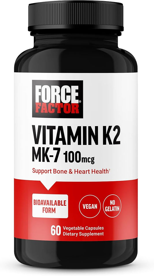 FORCE FACTOR MK-7 Vitamin K2 100mcg, Bone Support Supplements for Women and Men, Support Heart Health, Bone Density, and More, BIoavailable Form, Vegan, Non-GMO, 60 Vegetable Capsules