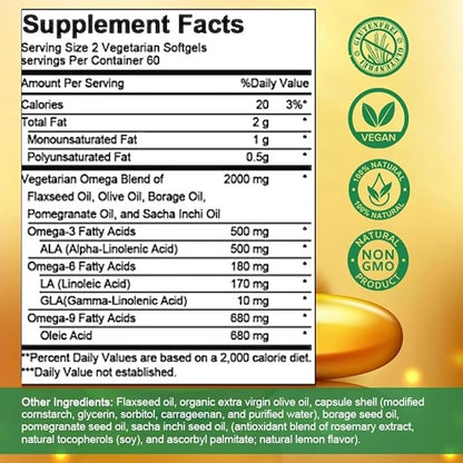 High-Potency Omega 3-6-9, 100% Vegan Sourced Natural Supplement for Heart and Joint Health 120 Softgels, 60 Day Supply