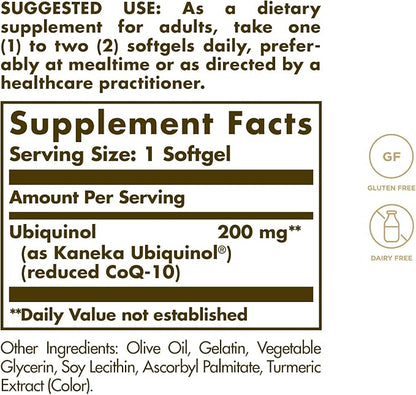 Solgar Ubiquinol 200 mg (Reduced CoQ-10), 30 Softgels - Promotes Heart & Brain Function - Supports Healthy Aging - Coenzyme Q10 - Ubiquinone Supplement - Gluten Free, Dairy Free - 30 Servings , Unflavoured, standard