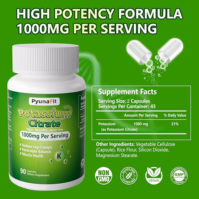 Potassium Supplement 1000mg – High Potassium Citrate for Leg Cramps, Muscle Health, and Heart Support, Non-GMO & Gluten-Free, 90 Capsules