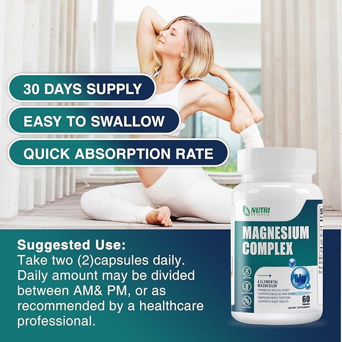 Magnesium Breakthrough Complex Supplement 500 mg- High Absorption Magnesium, Magnesium Glycinate, Citrate, Malate, Taurate with B6 - Bone, Heart, Muscle & Nervous System Support - 60 Capsules