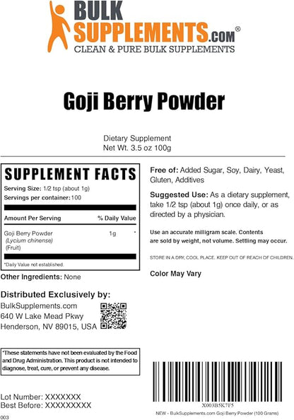 BulkSupplements.com Wolfberry Extract Powder - Goji Berry Supplements, Goji Berry Extract, Herbal Supplement, Gluten Free, 1000mg per Serving, 100g (3.5 oz) (Pack of 1)