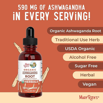 MaryRuth Organics Ashwagandha Root | USDA Organic Ashwagandha Liquid Drops | Stress Relief, Natural Calm, Relaxation and Mood Support Supplement | Adaptogenic | Nervine | Vegan | Non-GMO | 60 Servings