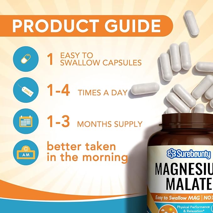 Magnesium Malate Capsules 410mg, Magnesium Supplement, Chelated, High Absorption, Energy Production & Muscle Support, Mineral for Children, Teenagers, and Adults, 90 Vegan Capsules