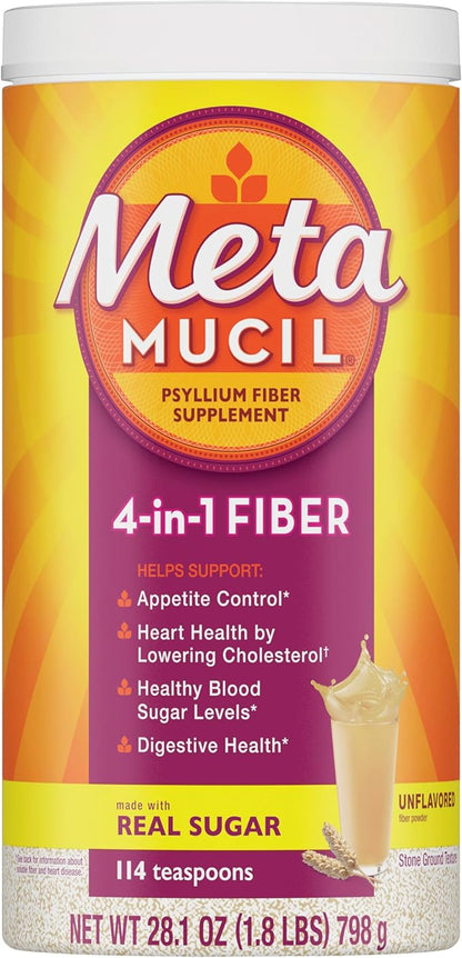 Metamucil, Daily Psyllium Husk Powder Supplement with Real Sugar, 4-in-1 Fiber for Digestive Health, Orange Smooth Flavored Drink, 114 Servings