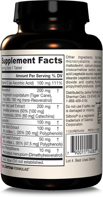 Jarrow Formulas® Resveratrol Synergy® 200 mg, Dietary Supplement, Heart Support, 60 Tablets, 60 Day Supply