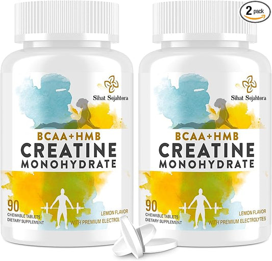 8-in-1 Creatine Monohydrate with BCAA & HMB, 5000 mg for Men & Women, Creatine Chews for Muscle, Recovery, Endurance & Strength, High Absorption, Lemon Flavor, Sugar-Free, 180 Tablets