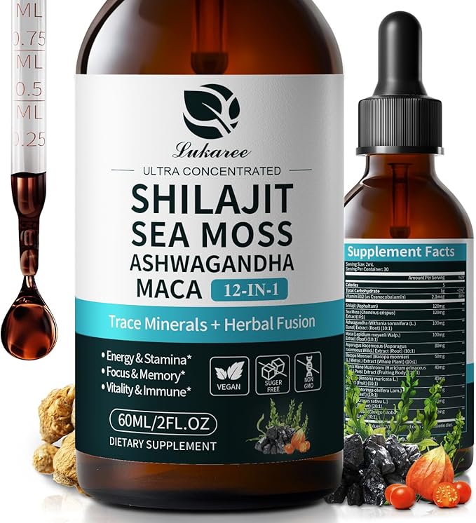 Shilajit Liquid Drops with Sea Moss, Ashwagandha, Maca, Fulvic Acid, Trace Minerals, 12-in-1 Liquid Vitamins Supplement for Men and Women, Energy, Antioxidant, Immune Support, 2 FL OZ