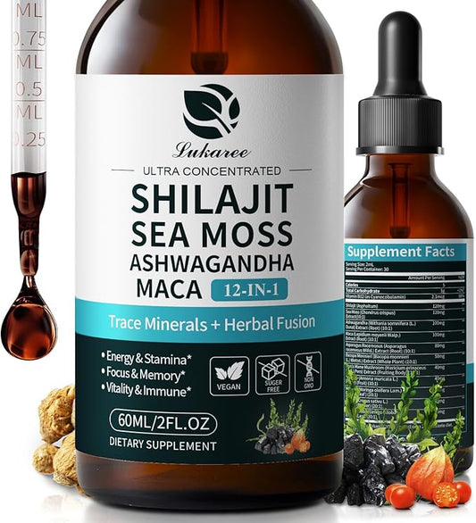 Shilajit Liquid Drops with Sea Moss, Ashwagandha, Maca, Fulvic Acid, Trace Minerals, 12-in-1 Liquid Vitamins Supplement for Men and Women, Energy, Antioxidant, Immune Support, 2 FL OZ